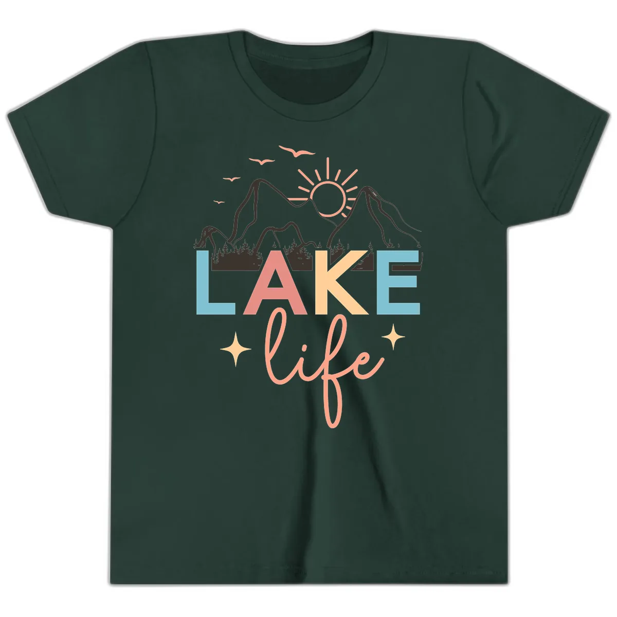 Mountain Lake Life Typography Youth T-Shirt in Forest